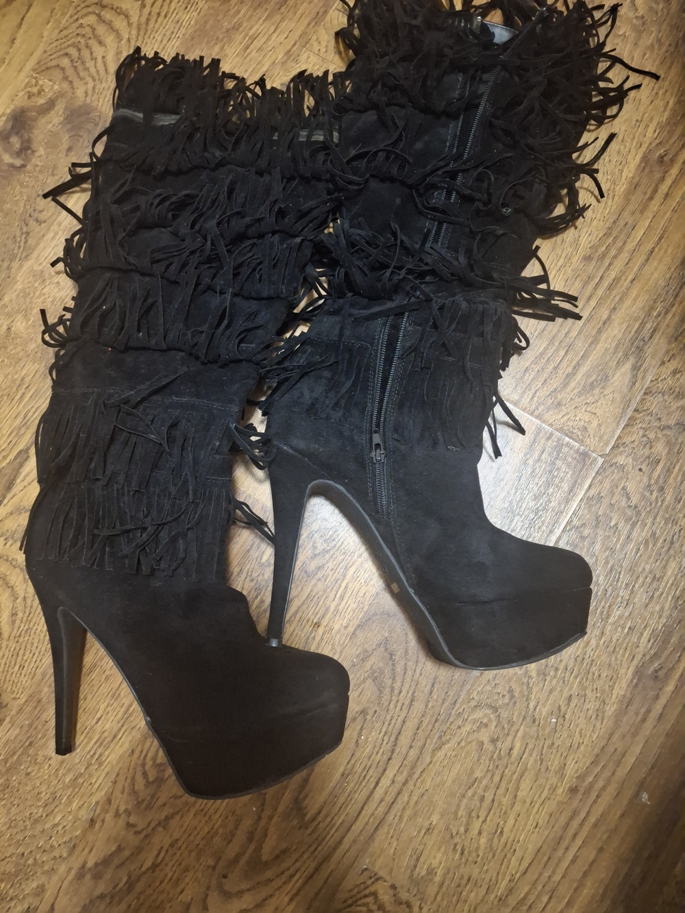 Fringe Platform Knee-High Boots - Black